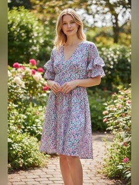 Lilly Pulitzer Pastel Floral V-Neck Midi Dress in Pink and Blue size 12